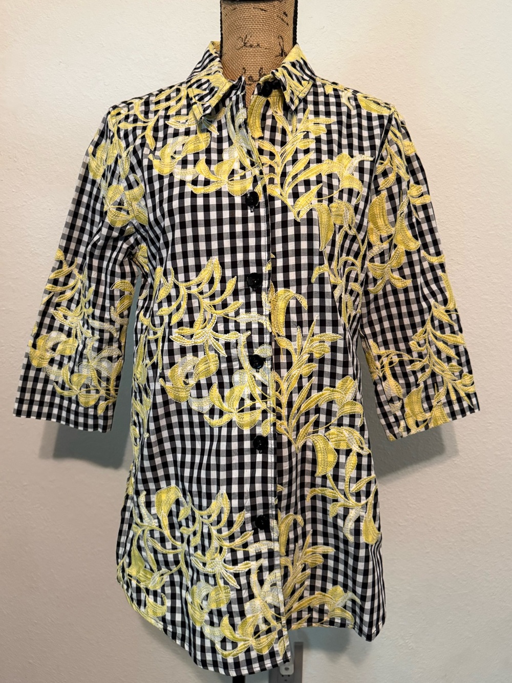 Caroline Rose button-uptunic black and white gingham with yellow accents medium